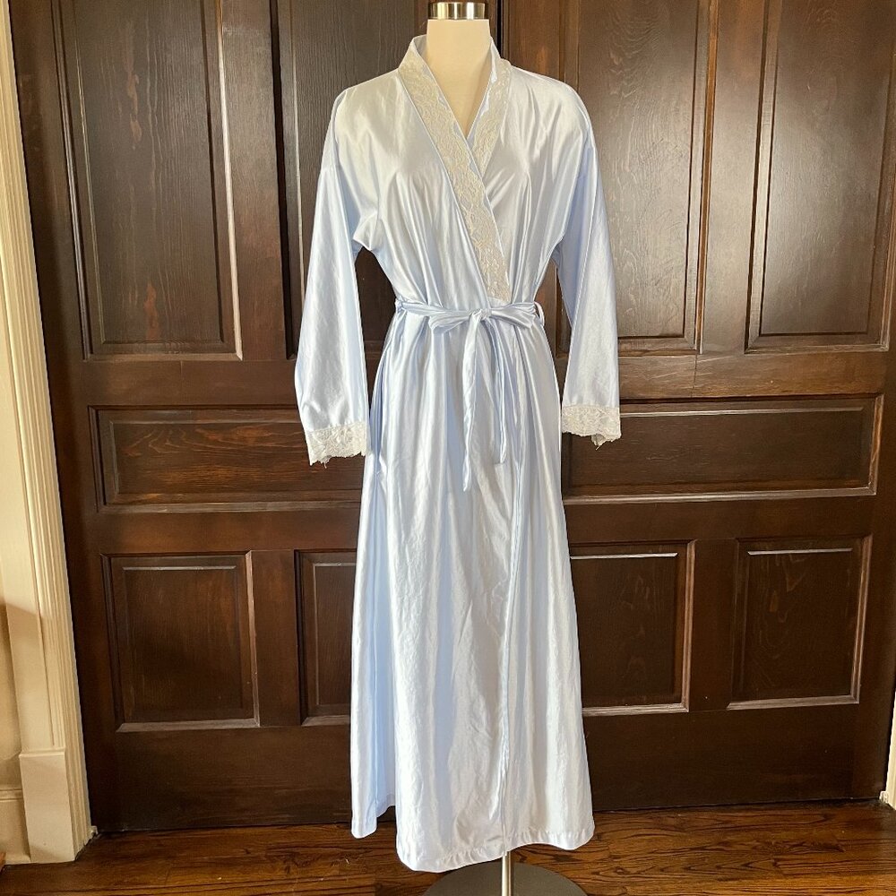 Heather Collection Women's Long Sleeve Robe Size S Lace Trim Light Blue USA Made